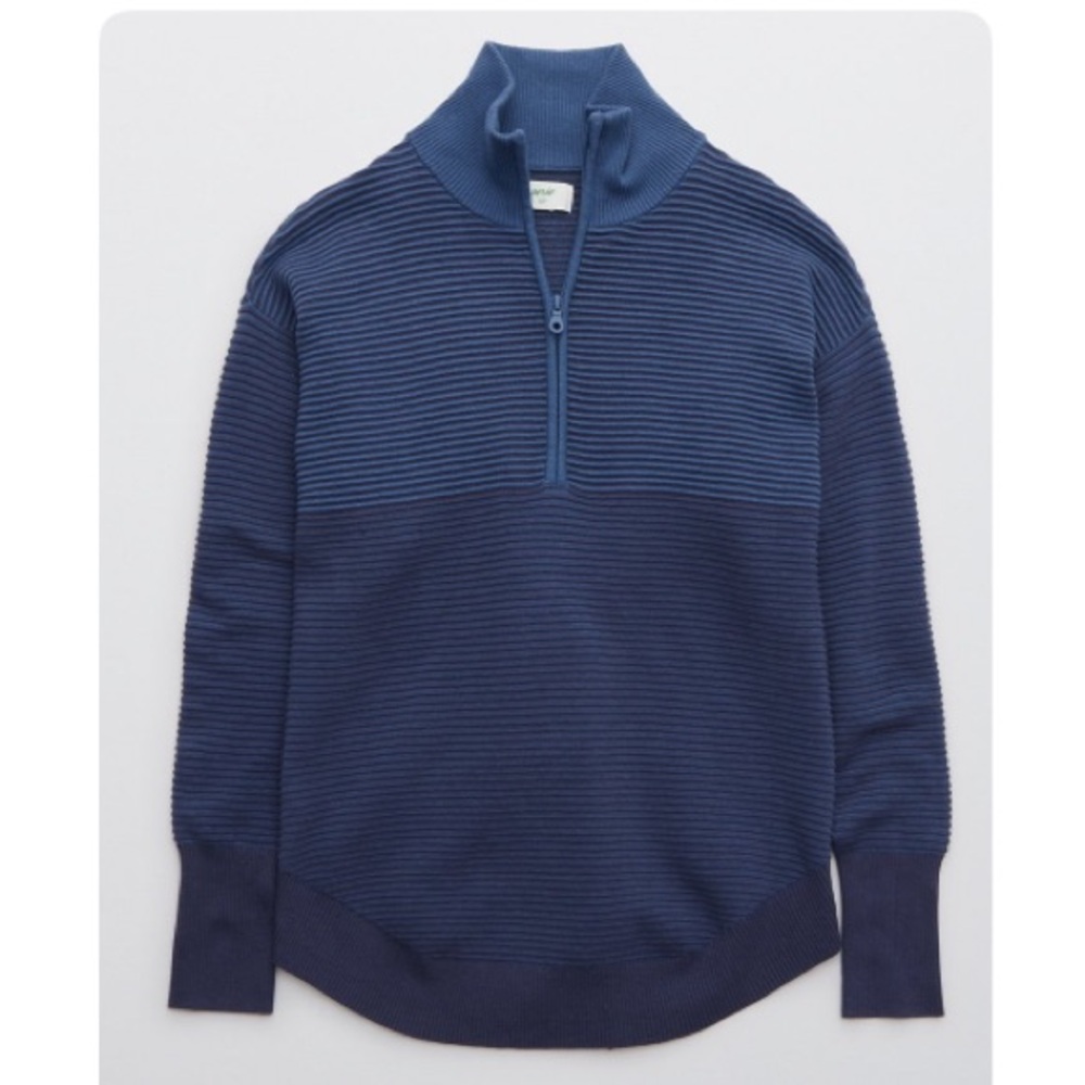 Aerie Offline Home Stretch Marbled Blue Ribbed Knit Quarter Zip Sweater